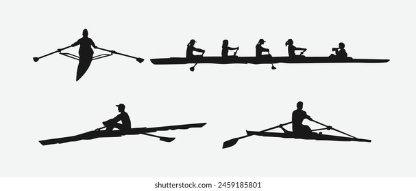 rowing silhouette collection set. water sport, race, transport, teamwork concept. different action, pose. monochrome vector illustration.