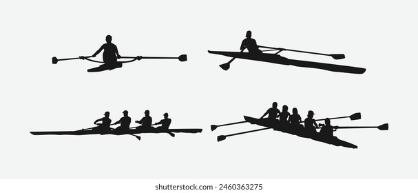 rowing silhouette collection set. water sport, race, transport, teamwork concept. different action, pose. monochrome vector illustration.