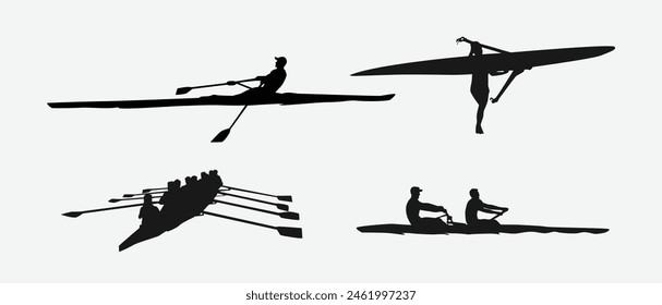 rowing silhouette collection set. water sport, race, transport, teamwork concept. different action, pose. monochrome vector illustration.