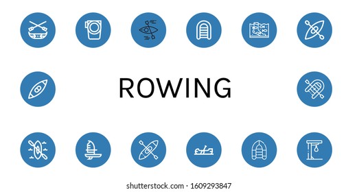 rowing simple icons set. Contains such icons as Canoe, Paddle, Kayak, Inflatable boat, Fish therapy, Windsurf, Punching ball, can be used for web, mobile and logo