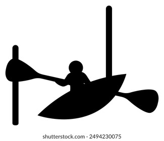 Remando slalom. Silueta. Ilustración vectorial. Un atleta rema mientras se sienta en un kayak y nada por la puerta. Fondo aislado.