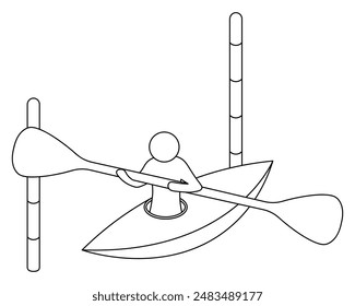 Rowing slalom. Sketch. Vector illustration. An athlete rows an oar while sitting in a kayak and swims through the gate. Isolated background. Coloring book for children. Doodle style. 