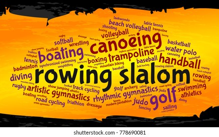 Rowing slalom. Word cloud, cool design, gold background. Summer sports.