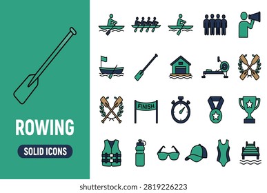 Rowing Solid Icon Set – Flat Vector Collection of Oars, Boats, Crew Team, Finish Line, Trophy, and Water Sports Symbols for Athletic and Competition Design.