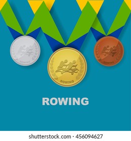 Rowing sport icon on medal award set with Brazilian color theme designed of ribbon in vector illustration 
