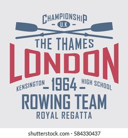 Rowing sport London typography, tee shirt graphics, vectors