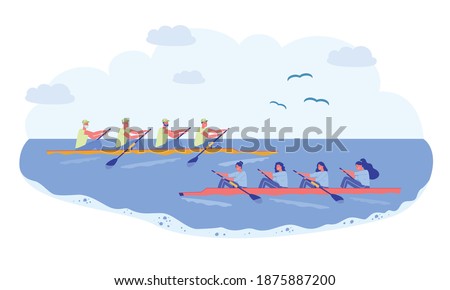 Rowing Sport Team, Competition in Natural Pond. Two Long Boat Sail Past each other, Team Men and Women. Athlete in Sportswear Rowing Oar, Apply Hand Strength. Bird Fly over Clean Water.