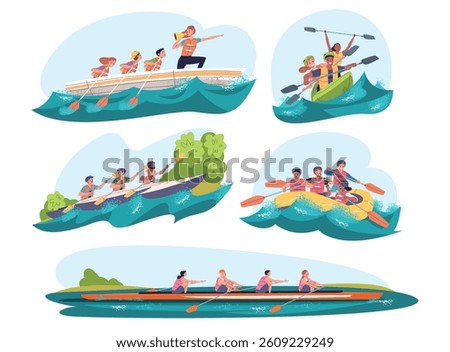 Rowing team. Business teamwork concept row sport competition, rower people group sail on river race kayak boat with paddle together, leader cooperation classy vector illustration original artwork