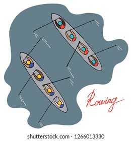 Rowing team, competition on the open water, sport flat illustration with lettering.