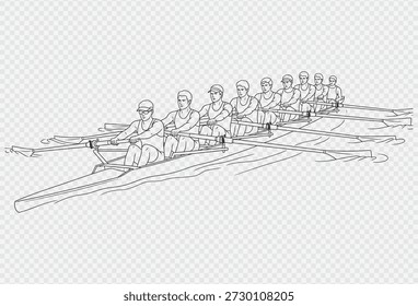 A rowing team is depicted in a dynamic illustration, showcasing their synchronized effort as they propel their boat through the water with oars. The image captures the intensity and teamwork involved in the sport.