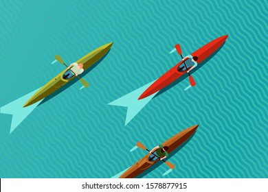 Rowing team. Top view of kayak boat. Canoe race vector illustration, flat style.