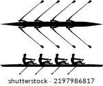 Rowing team trains before the competition, black and white vector illustration. Four boat for rowing in teamwork.