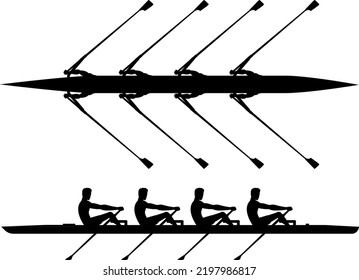 Rowing team trains before the competition, black and white vector illustration. Four boat for rowing in teamwork.