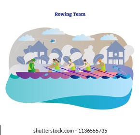 Rowing team vector illustration. Kayak, canoe or boat woman team with leader and captain. Outdoor activity with teamwork water sport athlete in river, sea or lake. City, fish and bird background.