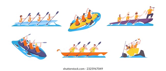 Rowing teamwork. People group with paddle on boat canoe in speed river competing race, water sport team together at kayak rower athletes boating crew, splendid vector illustration of sport teamwork