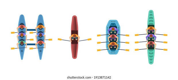 Rowing top view on white background. Athletes paddling kayaks, kayaking water sport, outdoor activities in summertime. Water sports boat team, canoeing and kayaking. Vector illustration in flat style.