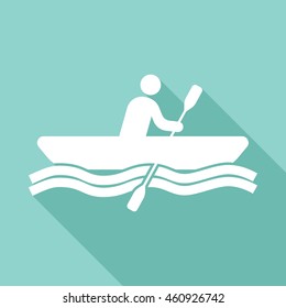 Rowing vector icon with long shadow. White illustration isolated on green background for graphic and web design.