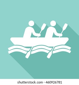Rowing vector icon with long shadow. White illustration isolated on green background for graphic and web design.