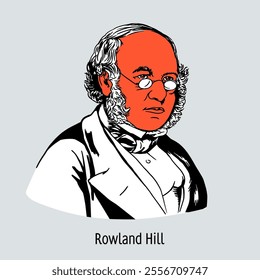 Rowland Hill was an English teacher, inventor and reformer. Transformer of the postal system in the UK. Hand drawn vector illustration