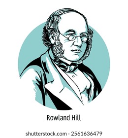 Rowland Hill was an English teacher, inventor and reformer. Transformer of the postal system in the UK. Hand drawn vector illustration