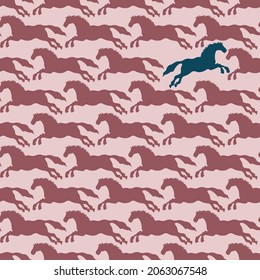 Rows of abstract red horse shapes on a pink background with one rebellious blue horse. Great for fashion, textiles, surface textures, giftwrap, wallpaper.