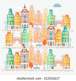Rows of amsterdam style old narrow houses. Vector illustration