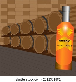 Rows of barrels with alcohol.Old whiskey in barrels