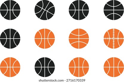 Filas de iconos de baloncesto en el contorno, negro sólido y naranja Relleno Estilos juego de deporte.