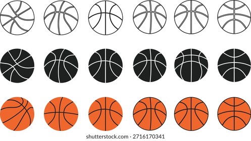 Rows of Basketball Icons in Outline, Solid Black, and Orange Fill Styles sport game.