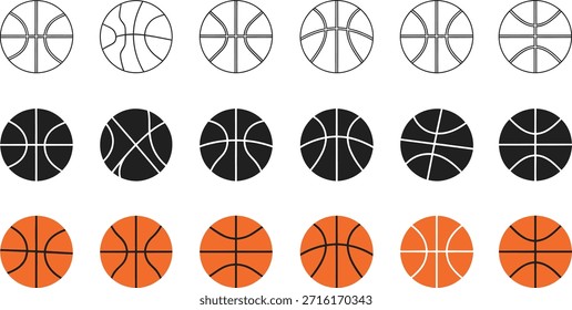 Filas de iconos de baloncesto en el contorno, negro sólido y naranja Relleno Estilos juego de deporte.