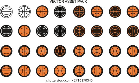 Filas de iconos de baloncesto en el contorno, negro sólido y naranja Relleno Estilos juego de deporte.