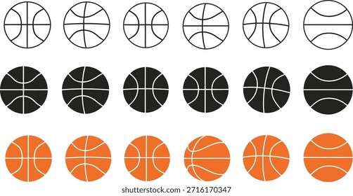 Filas de Ícones de Basquete em Outline, Preto Sólido e Orange Fill Styles jogo de esporte.