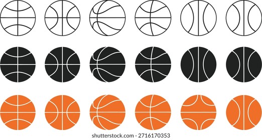 Rows of Basketball Icons in Outline, Solid Black, and Orange Fill Styles sport game.