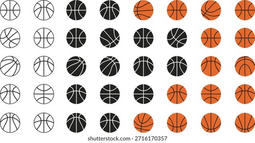 Filas de iconos de baloncesto en el contorno, negro sólido y naranja Relleno Estilos juego de deporte.