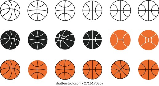 Filas de iconos de baloncesto en el contorno, negro sólido y naranja Relleno Estilos juego de deporte.