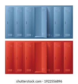 Rows blue and red metal school or gym lockers with closed and open doors. Cabinets with handles and locks for storage of personal things in changing room. Vector 3d illustration