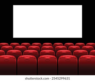 Rows of bright red seats fill the darkened theater awaiting the audience. A large blank screen stands at the front ready for a cinematic presentation.