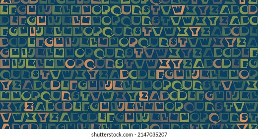 Rows of Brown Art Deco Style Bold Fonts, Random Letters of the Alphabet - Pattern, Seamless Texture on Dark Wide Scale Blue Background, Design Element for Web or Book Covers in Editable Vector Format
