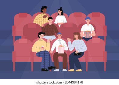 Rows of cinema chairs with people watching movie, flat cartoon vector illustration. Banner background for cinema theater with cartoon people watching film.