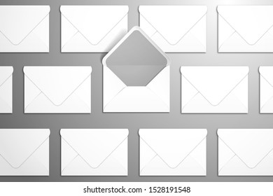 Rows of closed white envelopes. The central envelope is open. Stationery design template with realistic shadows