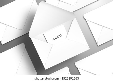 Rows of closed white envelopes. The central envelope with the card is open and raised above the surface. Diagonal template for design or branding with realistic shadows