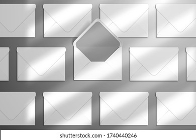 Rows of closed white envelopes. The central envelope is open. Mockup with shadow from the blinds