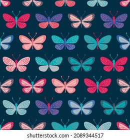Rows with Colorful Butterflies Collection on dark Background