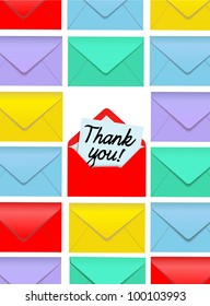 Rows of colorful envelopes with one Thank You note open