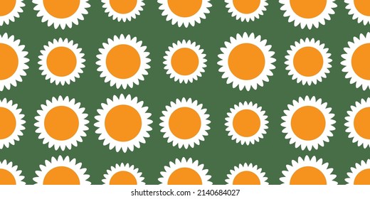 Filas de girasoles coloridos de diversos tamaños - Textura de estilo vintage, fondo de patrón floral sin inconvenientes, elemento de diseño en formato vectorial editable