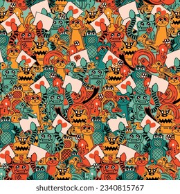 Rows of Cute Colorful Robots in green, orange, yellow and reddish colors in an overall setting