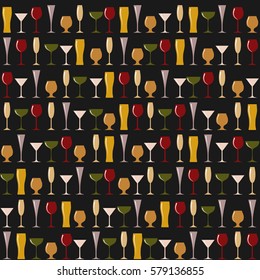 Rows of different glasses on a black background. Seamless background