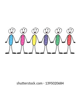 Rows of diverse stick figure symbol people and couples hold hands