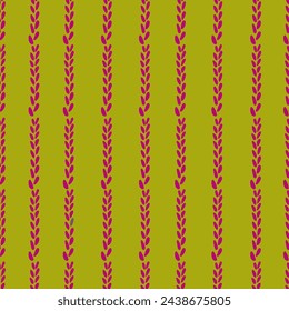Rows of flowers, composition with leaves and petals of flora. Vintage or retro ornamental design with lines or stripes of twigs. Seamless pattern, wallpaper print or background. Vector in flat style