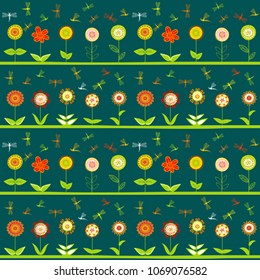 Rows of flowers and stylized dragonflies seamless background
